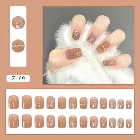 24Pcs Press on Nails , Short Nails Advanced Diamond Nude #Z169