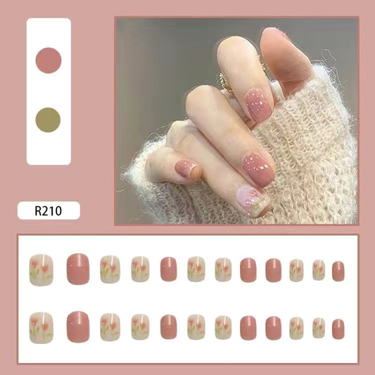 24Pcs Press on Nails, Short Nails Pink Tulip  #R210
