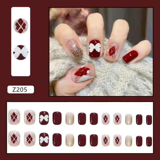 24Pcs Press on Nails , Short Nails  Red Diamond   #Z205